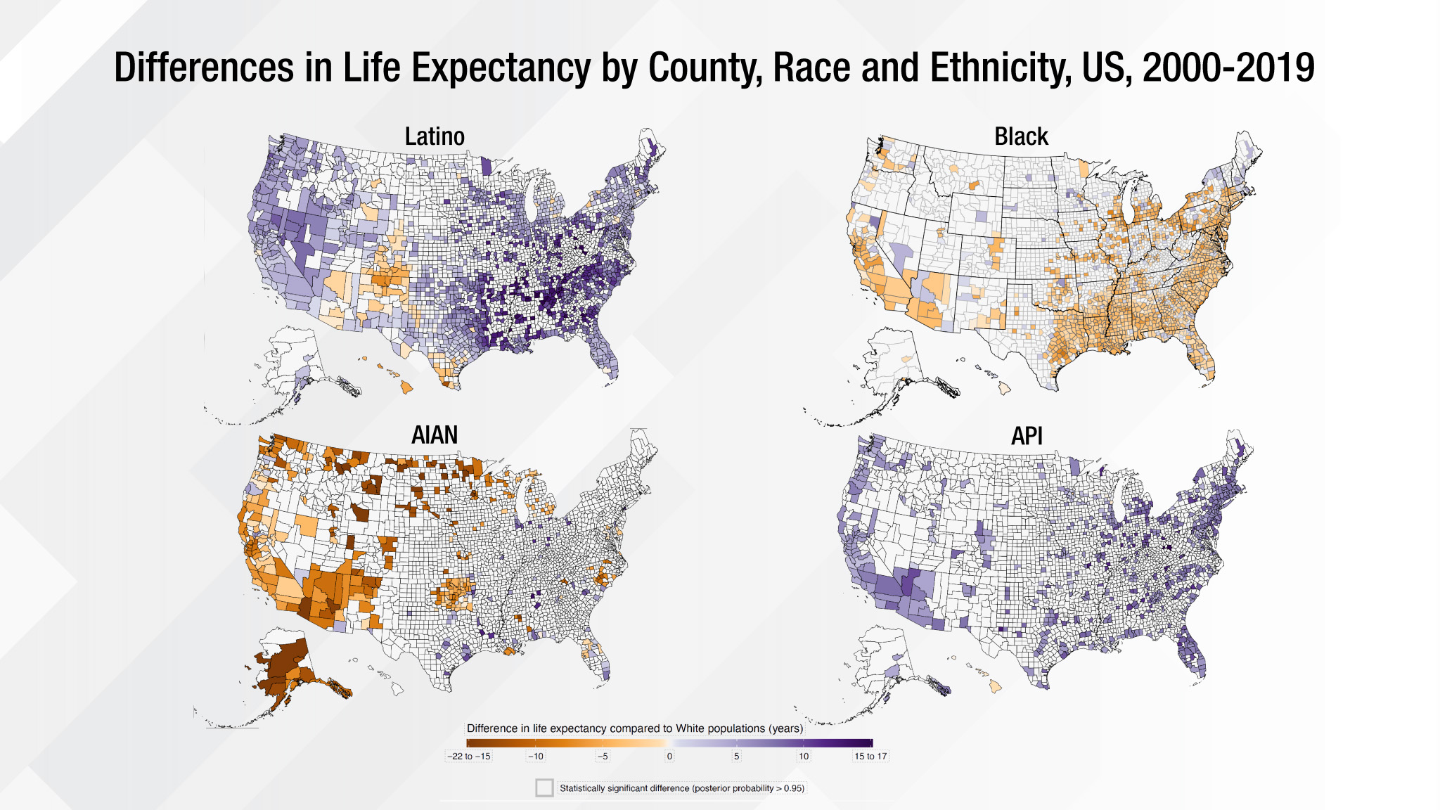 Image of 4 US maps describing differences in life expectancy by county, race, and ethnicity, from 2000-2019