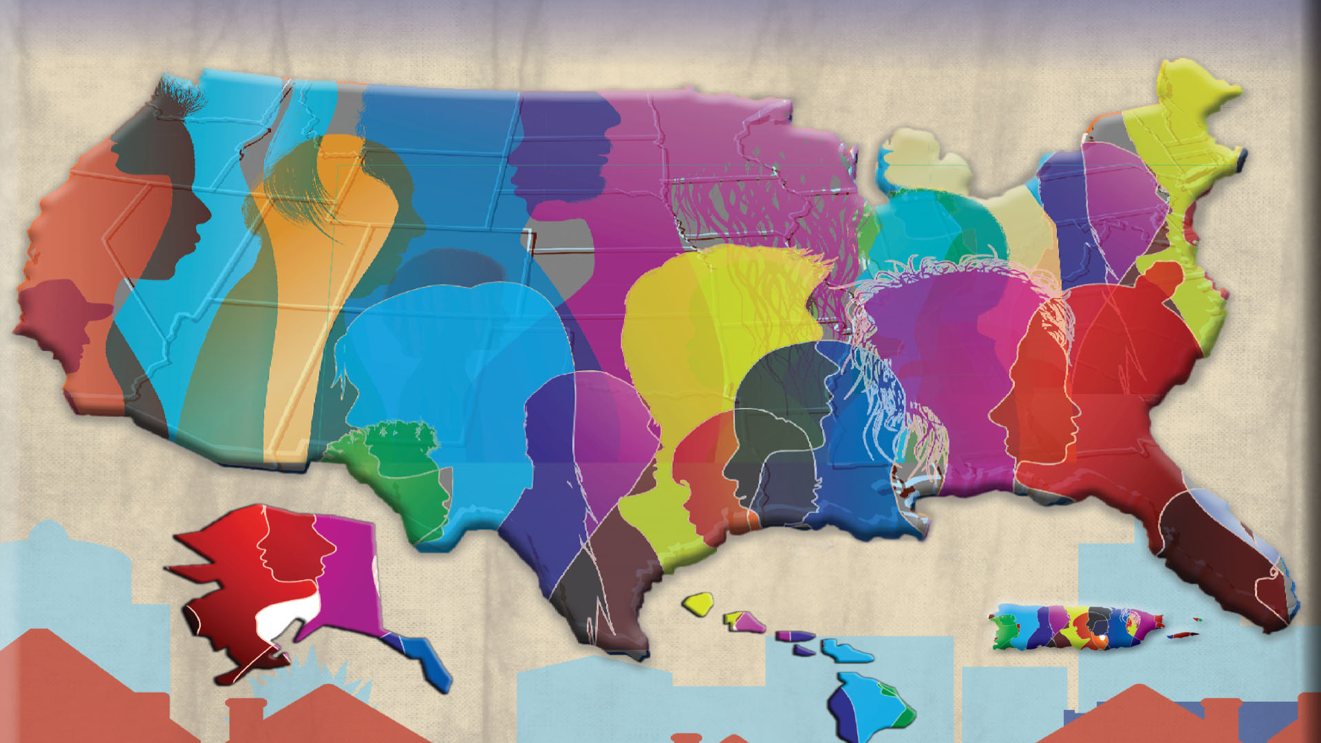 Decorative map showing the US map overlayed with colorful silhouettes of people